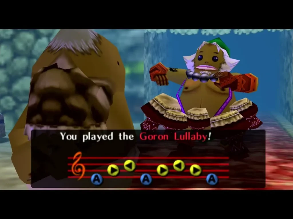 Link in Goron form plays the Goron Lullaby, with the box reading You played the Goron Lullaby Link in Goron form plays the Goron Lullaby, with the box reading You played the Goron Lullaby