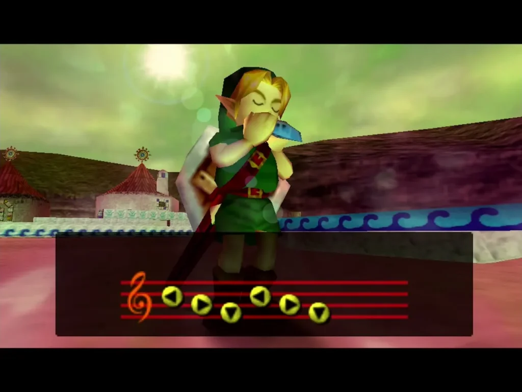 Link plays a tune on his ocarina on the Great Bay shore while the note prompts are shown Link plays a tune on his ocarina on the Great Bay shore while the note prompts are shown