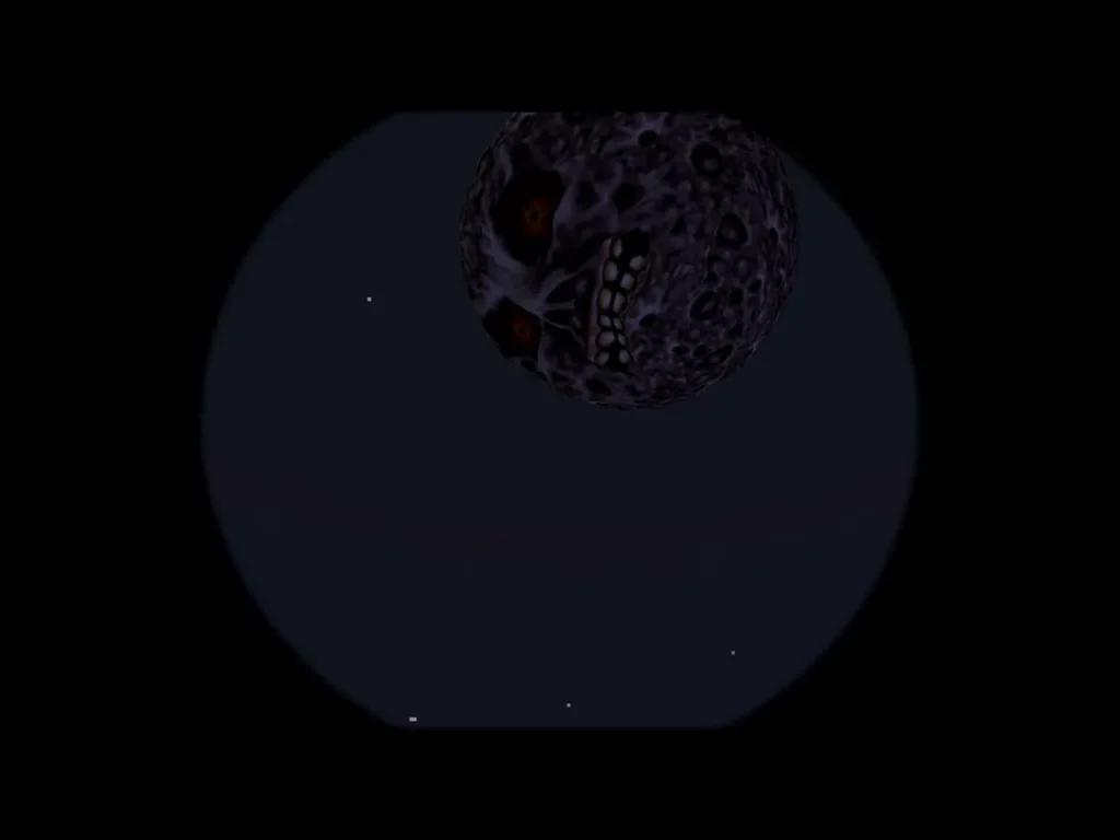 Majora's Mask as a moon-sized face seen through a telescope over the night sky Majora's Mask as a moon-sized face seen through a telescope over the night sky