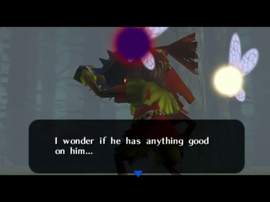Skull Kid in the forest with Majora's Mask speaking in a dialogue box about Link Skull Kid in the forest with Majora's Mask speaking in a dialogue box about Link