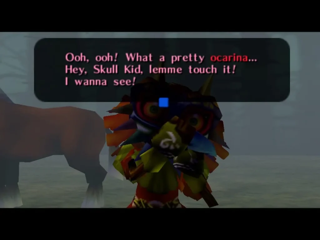 Majora's Mask in a dialogue box admiring Link's ocarina beside Skull Kid Majora's Mask in a dialogue box admiring Link's ocarina beside Skull Kid