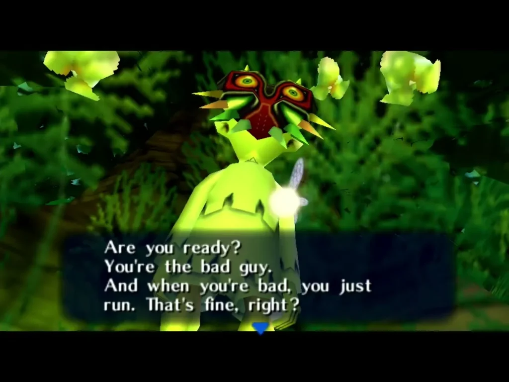 A masked figure in the forest speaks to Link, asking whether he is ready to be the bad guy A masked figure in the forest speaks to Link, asking whether he is ready to be the bad guy