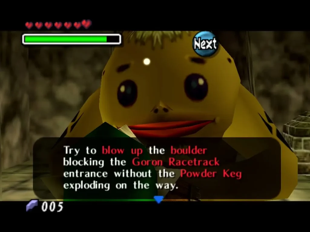 The Goron Powder Keg seller explaining how to blow up the boulder blocking the Goron Racetrack The Goron Powder Keg seller explaining how to blow up the boulder blocking the Goron Racetrack