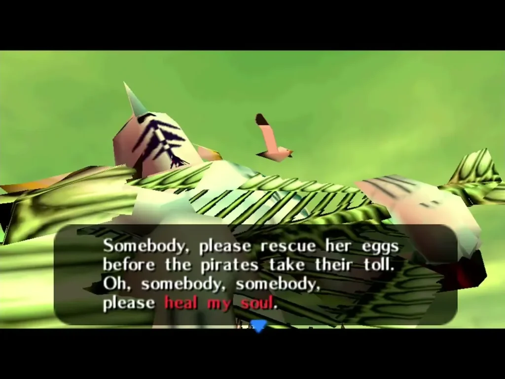 Mikau lying hurt against a green sky, a box pleading for someone to rescue the eggs and heal his soul Mikau lying hurt against a green sky, a box pleading for someone to rescue the eggs and heal his soul
