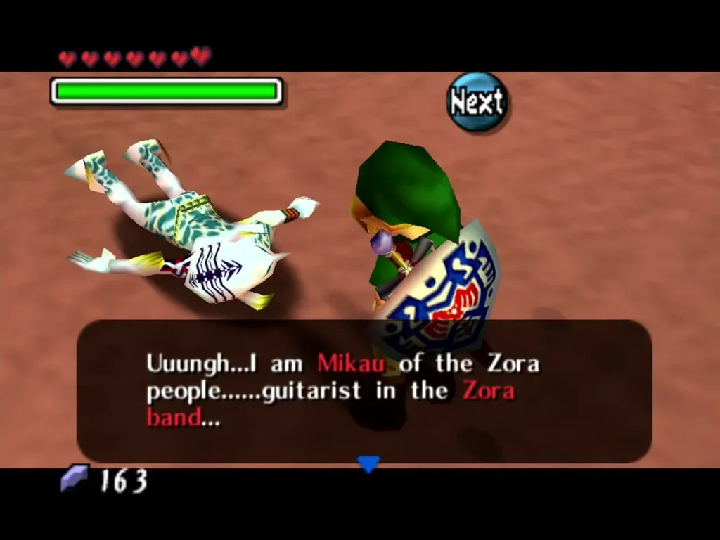 Mikau lies hurt on the sand of Great Bay and introduces himself as a guitarist in the Zora band Mikau lies hurt on the sand of Great Bay and introduces himself as a guitarist in the Zora band