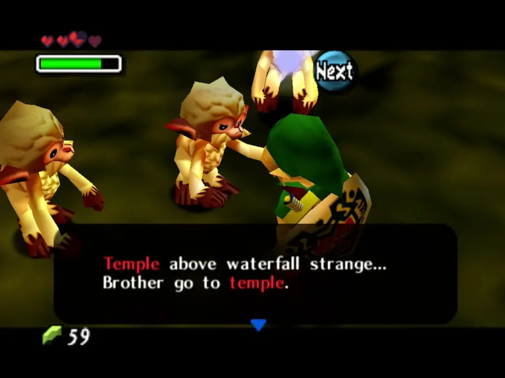 Three monkeys in the swamp beside Link, one saying the temple is above the waterfall Three monkeys in the swamp beside Link, one saying the temple is above the waterfall