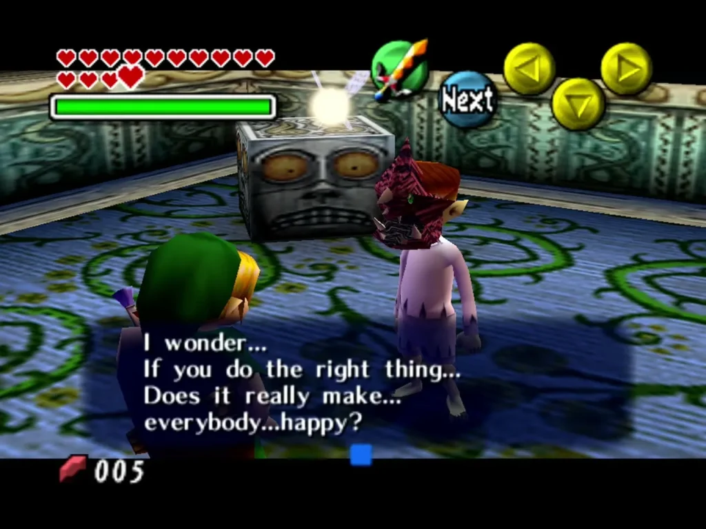 A Moon Child wearing a red boss mask asks whether doing the right thing makes everybody happy A Moon Child wearing a red boss mask asks whether doing the right thing makes everybody happy