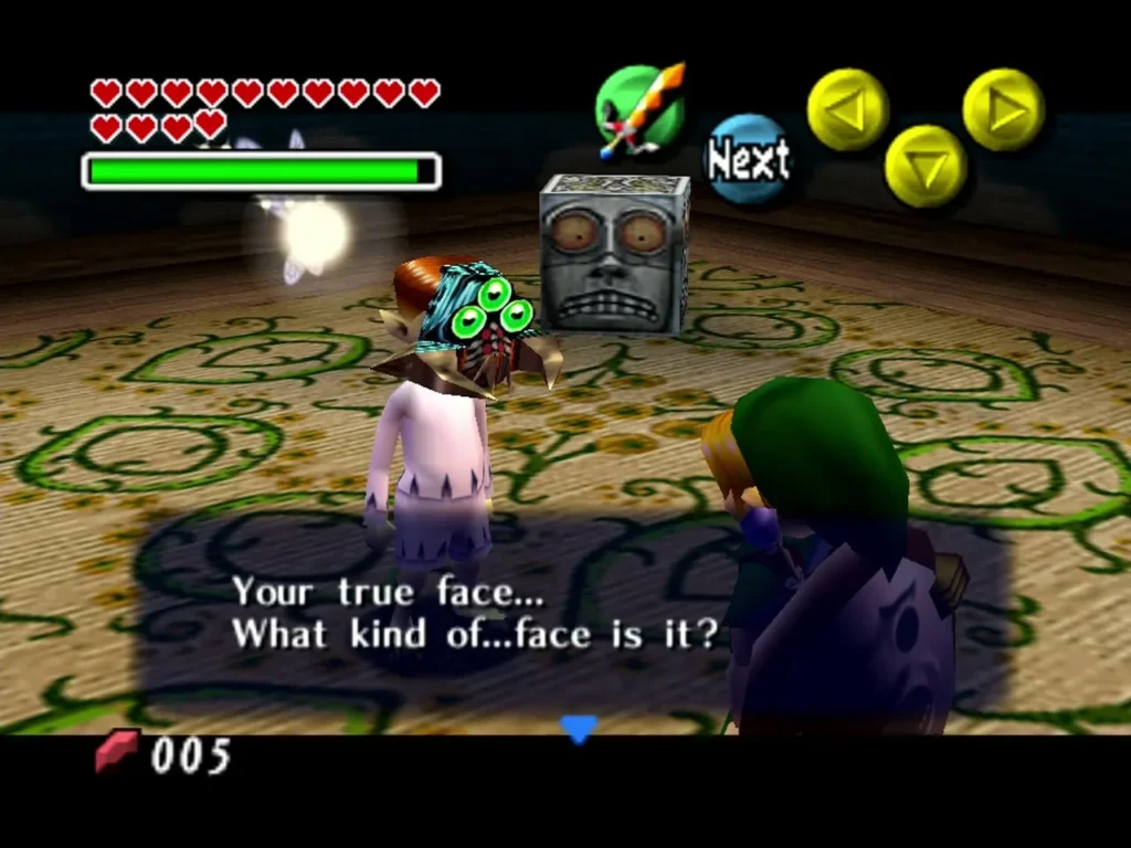 A Moon Child wearing a green-eyed mask asks Link what kind of face his true face is A Moon Child wearing a green-eyed mask asks Link what kind of face his true face is