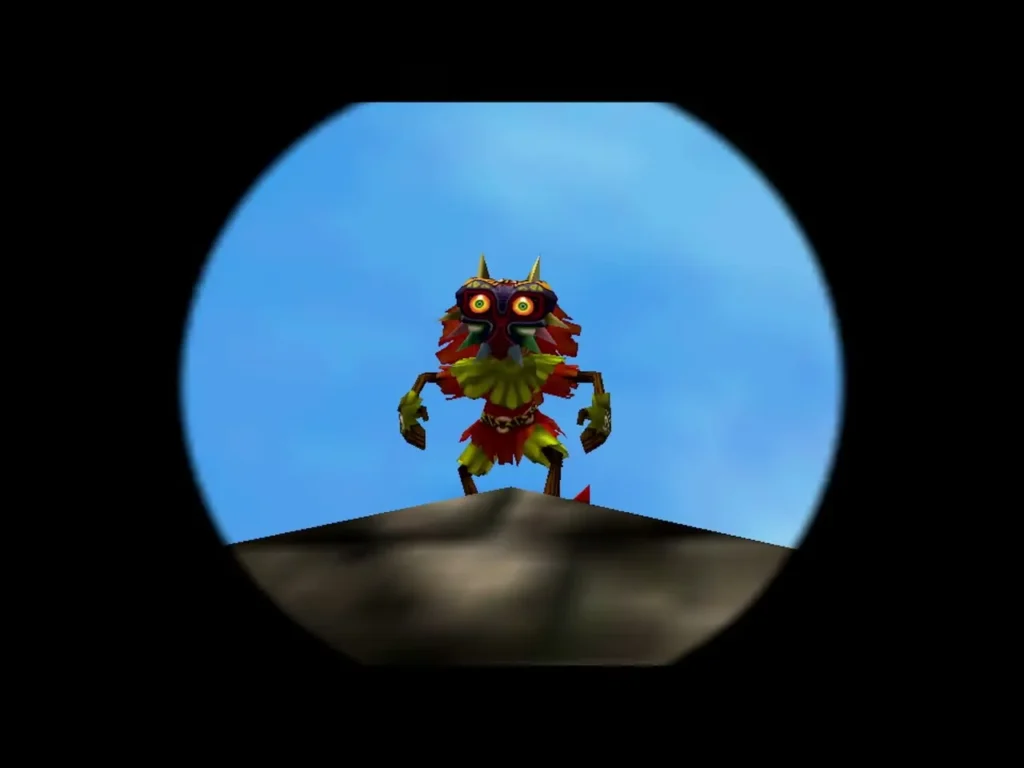 Skull Kid standing on a rocky ridge against a blue sky, seen through the Astral Observatory telescope Skull Kid standing on a rocky ridge against a blue sky, seen through the Astral Observatory telescope