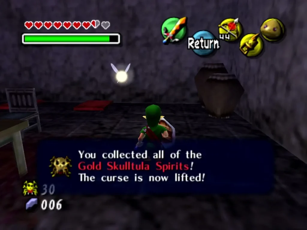 Link in the Oceanside Spider House with the box saying he collected every Gold Skulltula Spirit and the curse is lifted Link in the Oceanside Spider House with the box saying he collected every Gold Skulltula Spirit and the curse is lifted