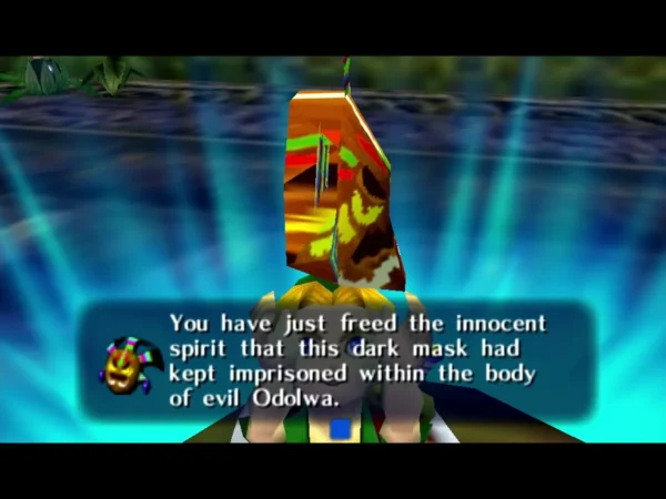 Odolwa's mask floats before Link, the box saying he freed the innocent spirit within the body of evil Odolwa Odolwa's mask floats before Link, the box saying he freed the innocent spirit within the body of evil Odolwa