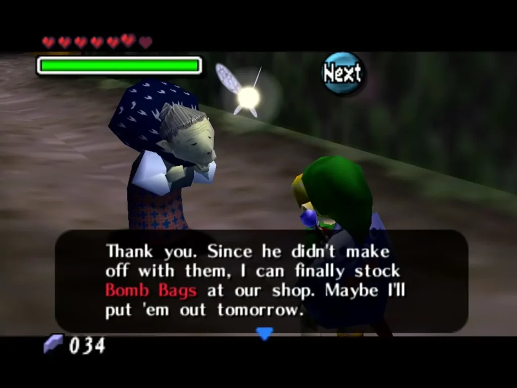 Old Lady with her sack thanking Link and saying she can finally stock Bomb Bags at the shop Old Lady with her sack thanking Link and saying she can finally stock Bomb Bags at the shop