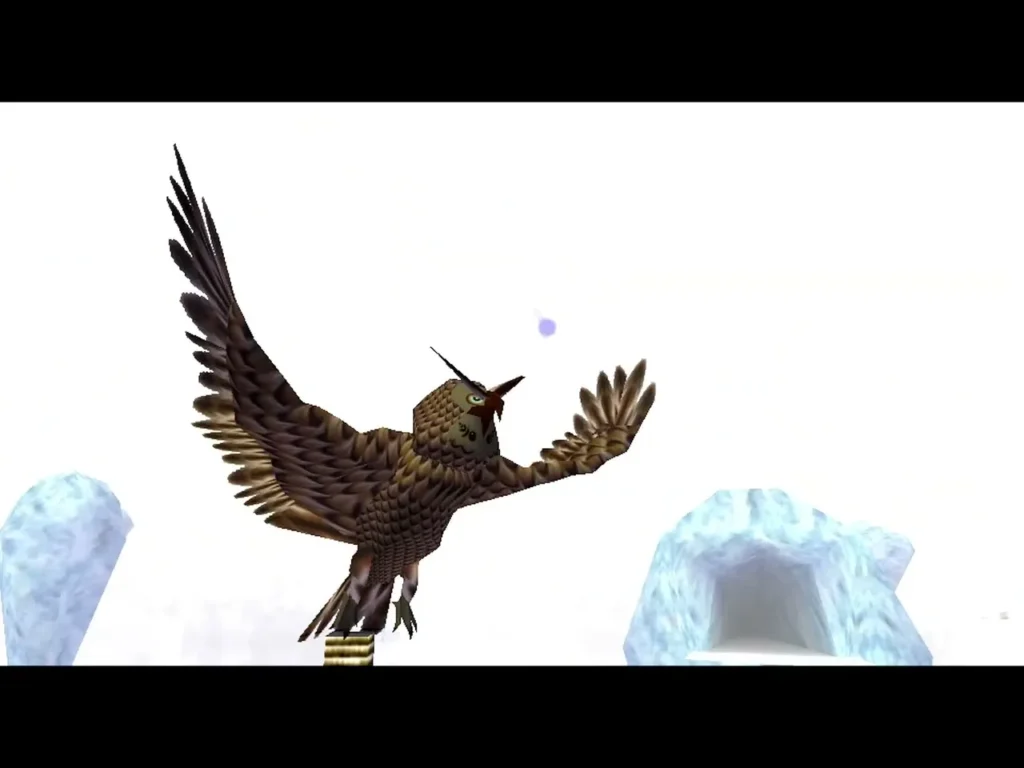 Kaepora Gaebora perched on a post in the snow with his wings spread, ice blocks around him Kaepora Gaebora perched on a post in the snow with his wings spread, ice blocks around him