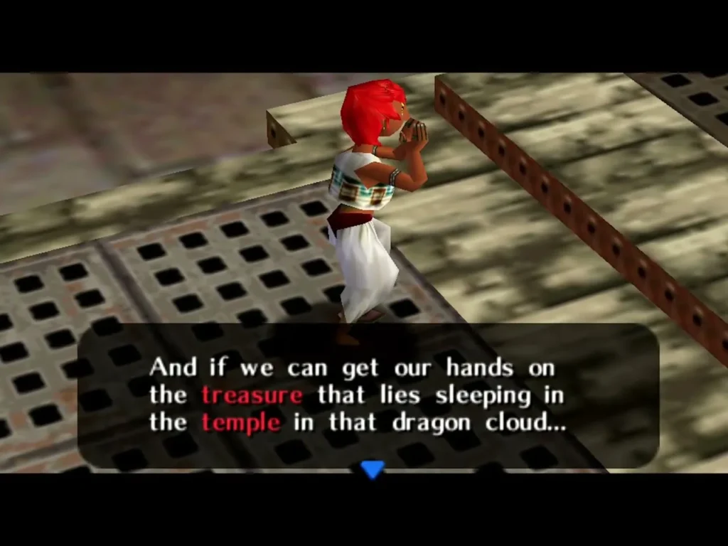 A Gerudo pirate in white talking in the fortress about the treasure sleeping in the temple of the dragon cloud A Gerudo pirate in white talking in the fortress about the treasure sleeping in the temple of the dragon cloud