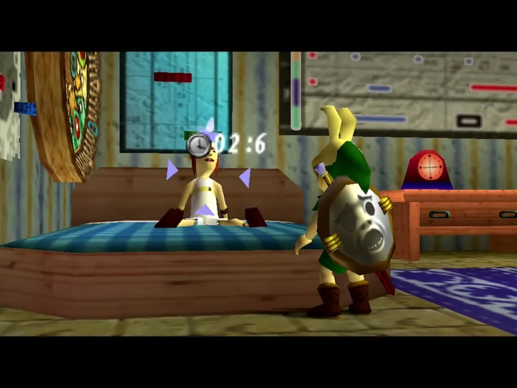 Link stands beside the Postman in bed while the stopwatch timer runs Link stands beside the Postman in bed while the stopwatch timer runs