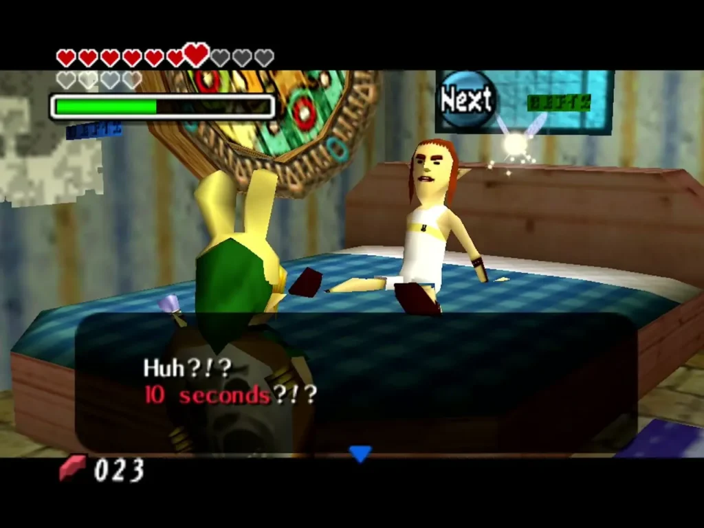 The Postman in bed reacts with Huh, 10 seconds, after Link's timing attempt The Postman in bed reacts with Huh, 10 seconds, after Link's timing attempt