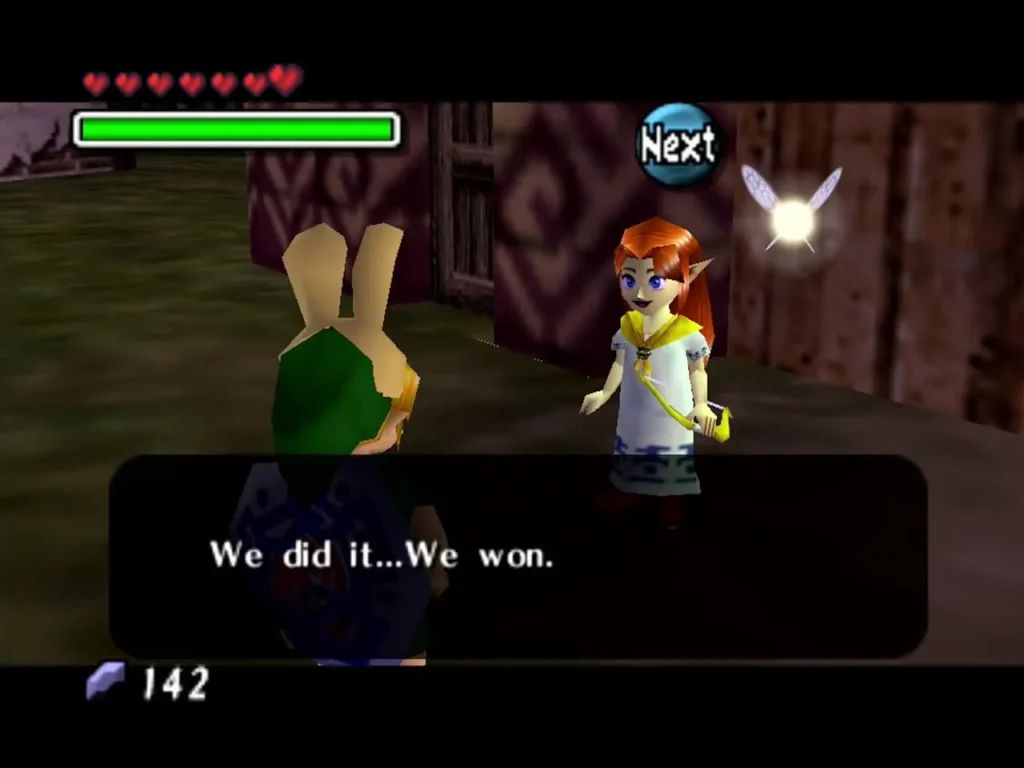A girl with orange hair in a white dress celebrates with Link at the ranch, saying they did it A girl with orange hair in a white dress celebrates with Link at the ranch, saying they did it