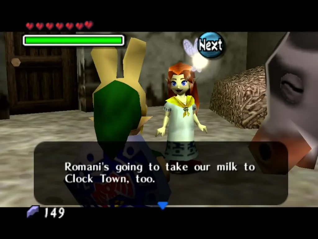 A girl in a yellow-collared dress at Romani Ranch says Romani will take the milk to Clock Town too A girl in a yellow-collared dress at Romani Ranch says Romani will take the milk to Clock Town too