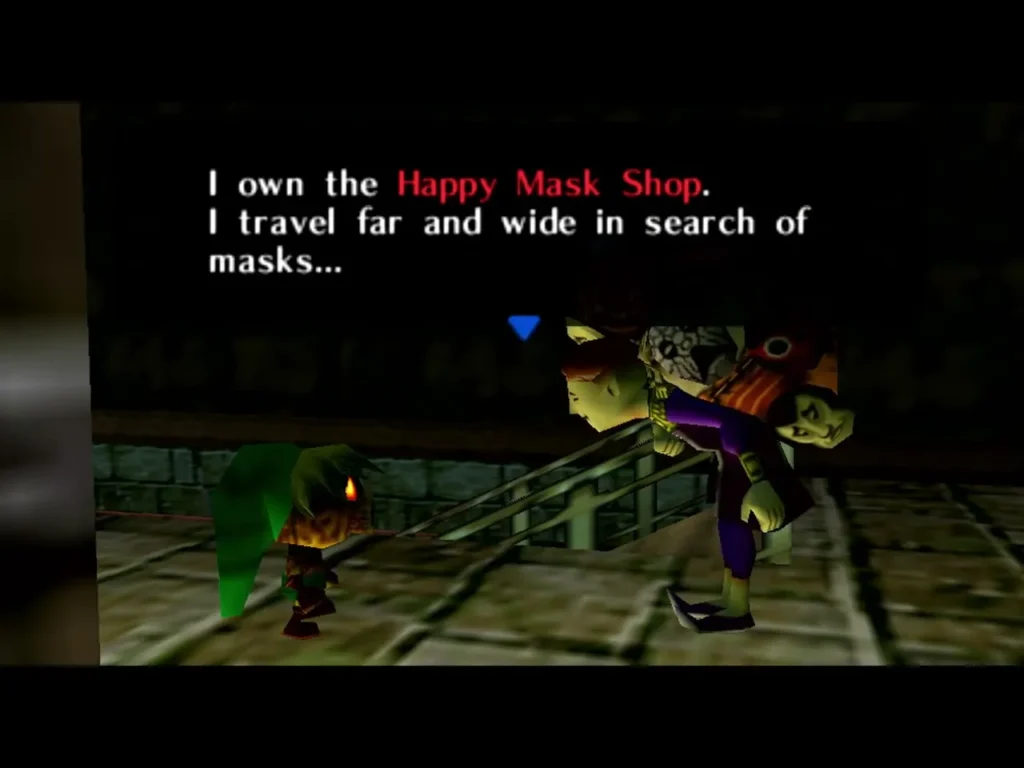 Happy Mask Salesman in a dialogue box saying he owns the Happy Mask Shop, Link beside him Happy Mask Salesman in a dialogue box saying he owns the Happy Mask Shop, Link beside him