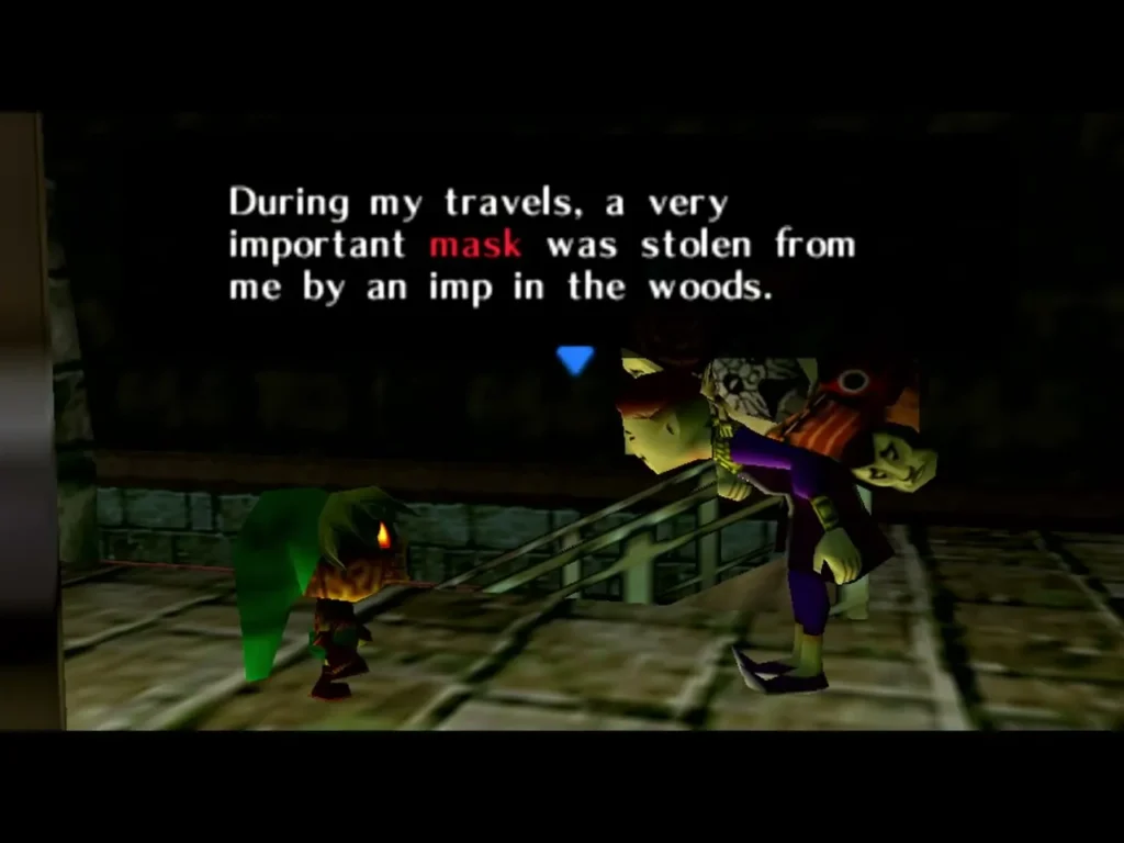 Happy Mask Salesman in a dialogue box telling Link an imp stole a mask from him Happy Mask Salesman in a dialogue box telling Link an imp stole a mask from him