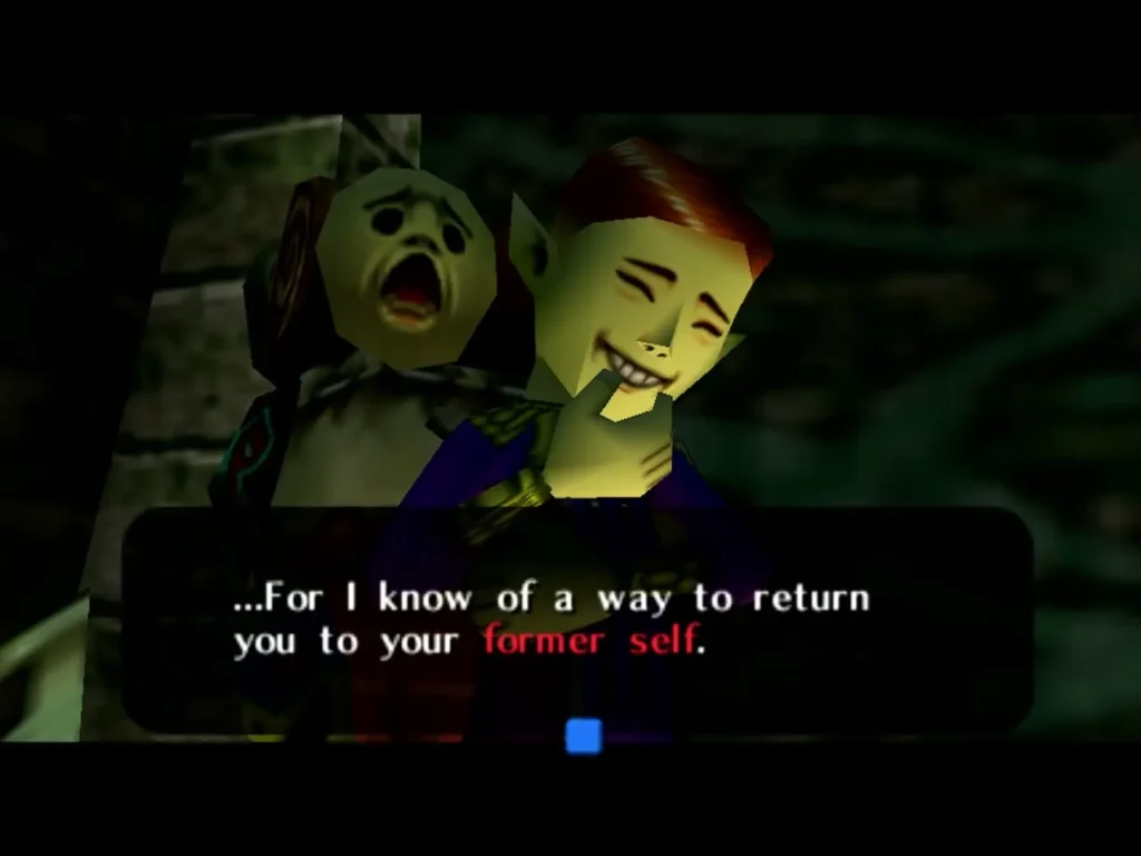 Happy Mask Salesman grinning in a dialogue box offering to return Link to his former self Happy Mask Salesman grinning in a dialogue box offering to return Link to his former self