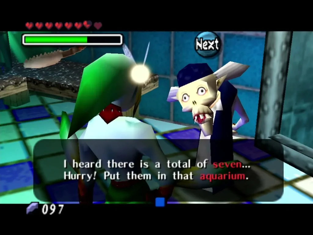 The Marine Research Lab scientist telling Link there are seven eggs and to put them in the aquarium The Marine Research Lab scientist telling Link there are seven eggs and to put them in the aquarium