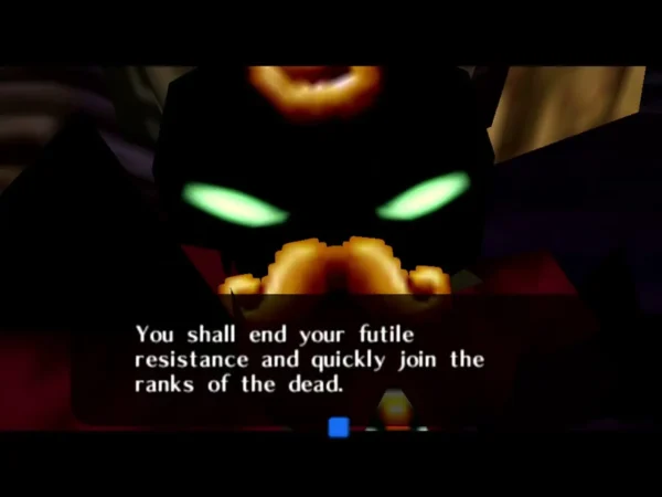 Sharp, the dark composer ghost with glowing green eyes, tells Link to end his futile resistance Sharp, the dark composer ghost with glowing green eyes, tells Link to end his futile resistance
