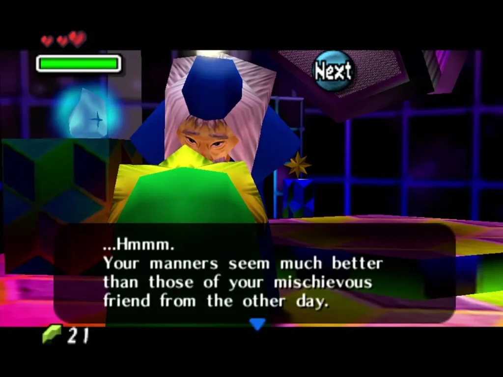 Professor Shikashi in the Astral Observatory saying Link's manners are much better than his mischievous friend's Professor Shikashi in the Astral Observatory saying Link's manners are much better than his mischievous friend's