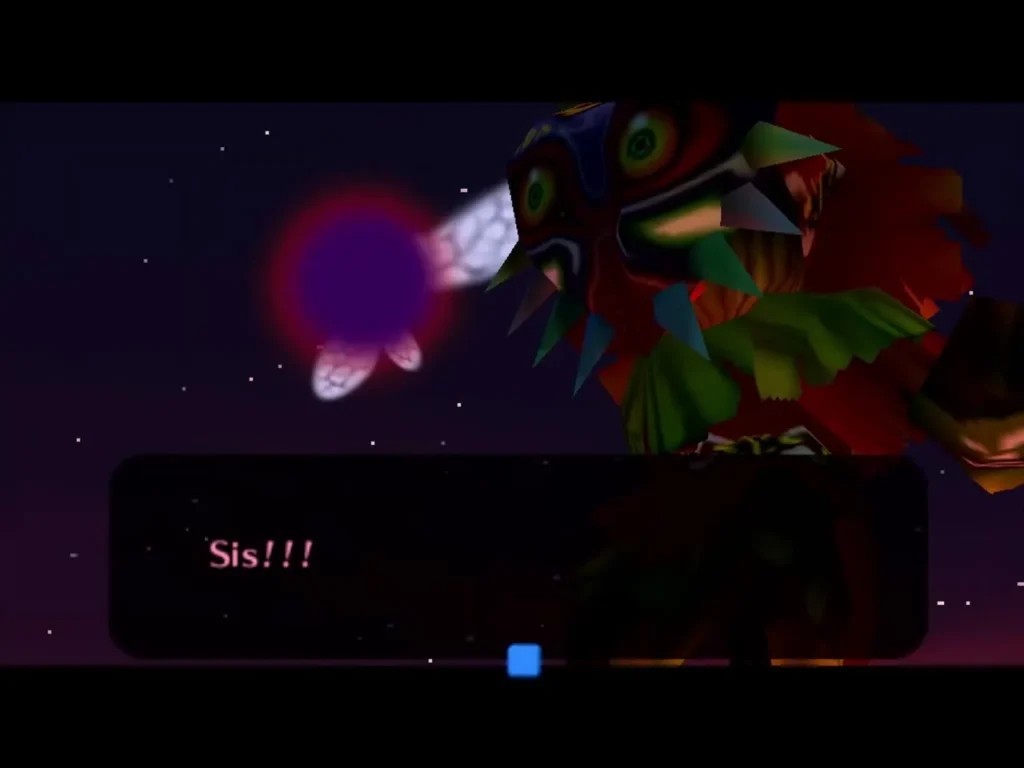 Skull Kid in Majora's Mask beside Tael, the purple fairy, who cries out for his sister Skull Kid in Majora's Mask beside Tael, the purple fairy, who cries out for his sister