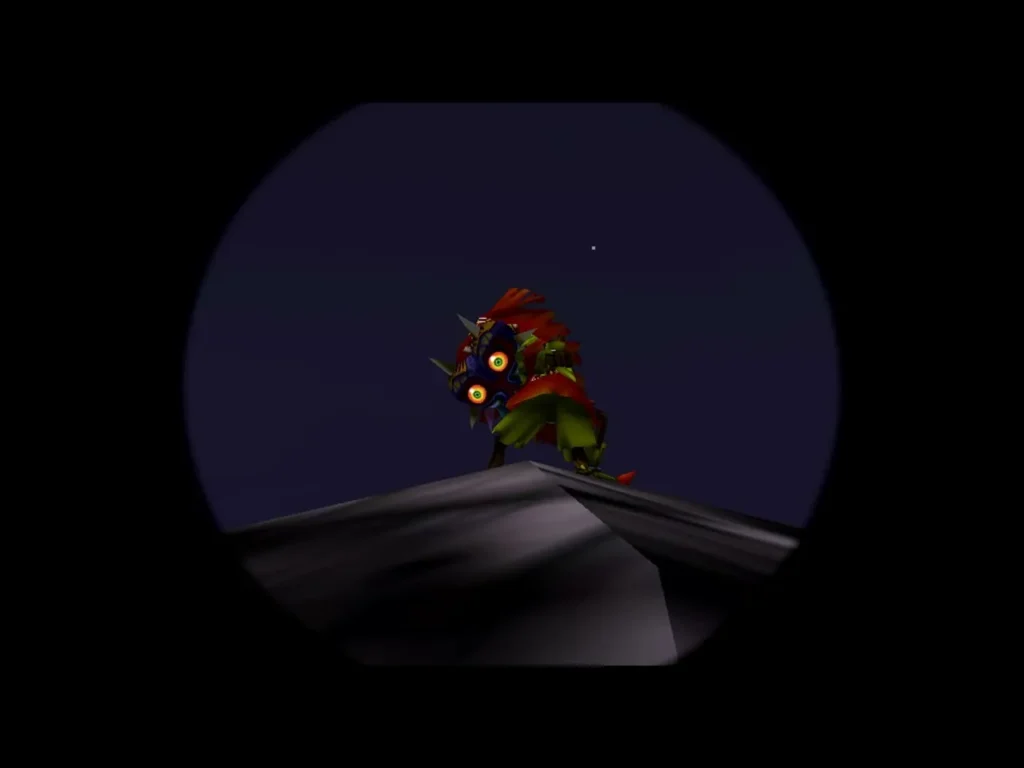 Skull Kid wearing Majora's Mask on the Clock Tower roof, seen through a telescope Skull Kid wearing Majora's Mask on the Clock Tower roof, seen through a telescope