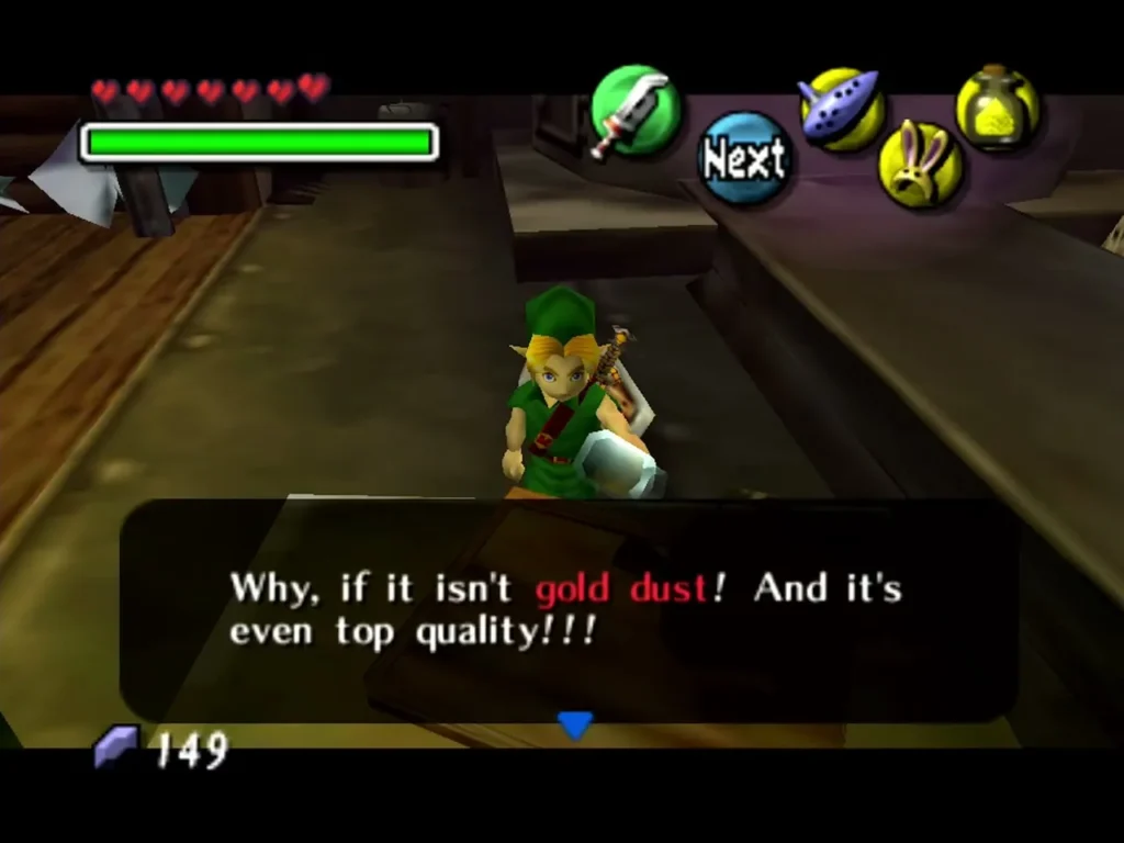 Link in the smithy with the box saying his gold dust is top quality Link in the smithy with the box saying his gold dust is top quality