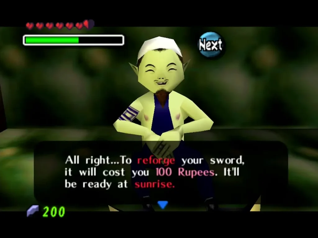 Mountain Smithy smith saying it costs 100 Rupees to reforge the sword, ready at sunrise Mountain Smithy smith saying it costs 100 Rupees to reforge the sword, ready at sunrise