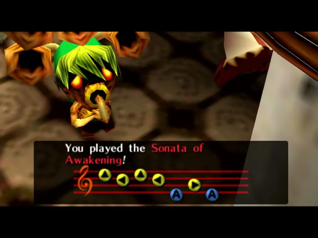 Deku Link playing the monkey's melody, the box saying he played the Sonata of Awakening Deku Link playing the monkey's melody, the box saying he played the Sonata of Awakening