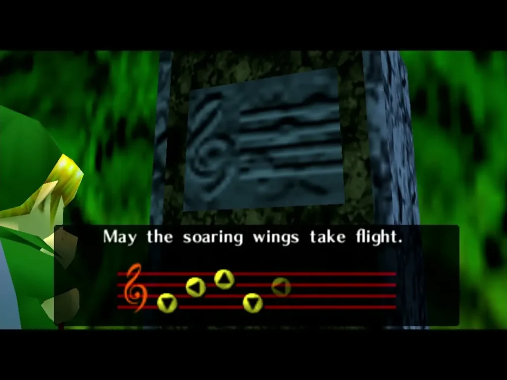 A stone carving of the Song of Soaring beside Link with the message may the soaring wings take flight A stone carving of the Song of Soaring beside Link with the message may the soaring wings take flight