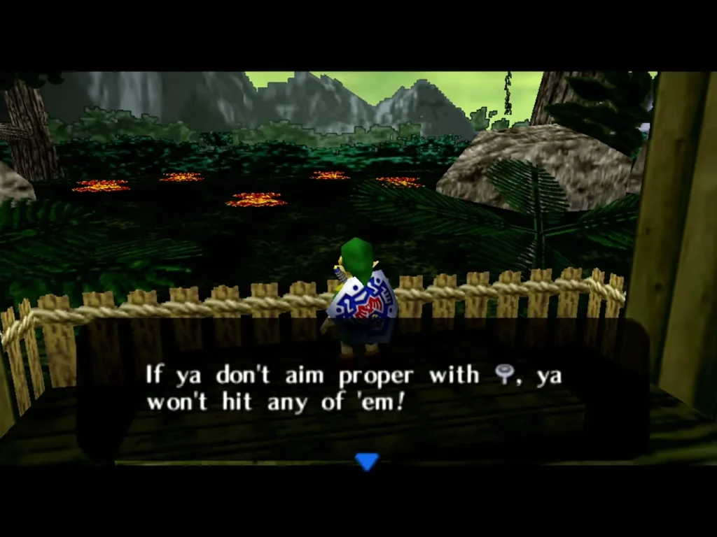 Link at the Swamp Shooting Gallery railing as the owner warns him to aim properly or hit none of the targets Link at the Swamp Shooting Gallery railing as the owner warns him to aim properly or hit none of the targets