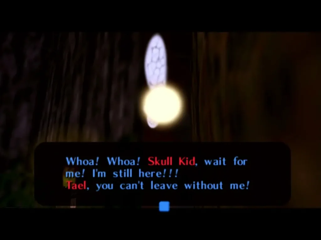 Tatl in a dialogue box begging Skull Kid and Tael to wait for her Tatl in a dialogue box begging Skull Kid and Tael to wait for her