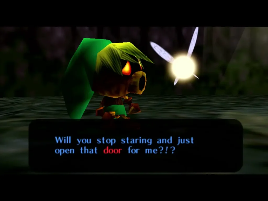 Tatl beside Deku Link in the dark woods, asking him to stop staring and open the door for her Tatl beside Deku Link in the dark woods, asking him to stop staring and open the door for her