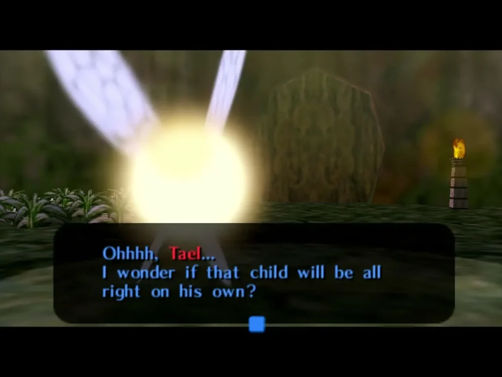 Tatl glowing in a dark forest, wondering aloud whether Tael will be all right on his own Tatl glowing in a dark forest, wondering aloud whether Tael will be all right on his own