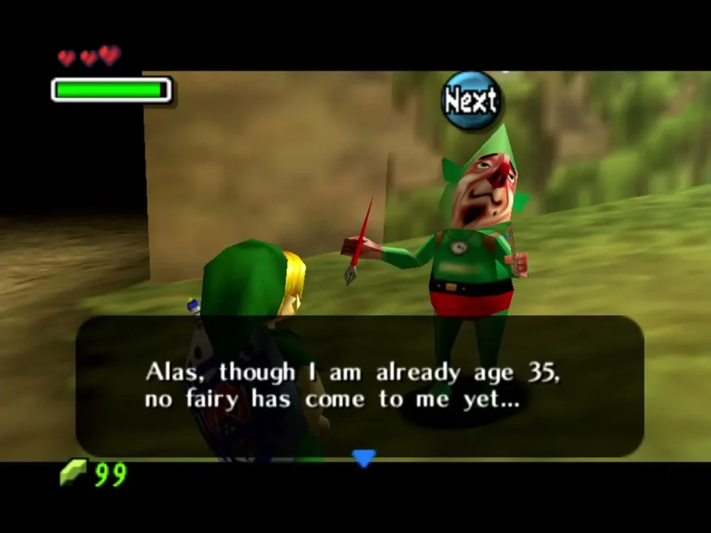 Tingle in green tights laments that he is already age 35 and no fairy has come to him yet Tingle in green tights laments that he is already age 35 and no fairy has come to him yet