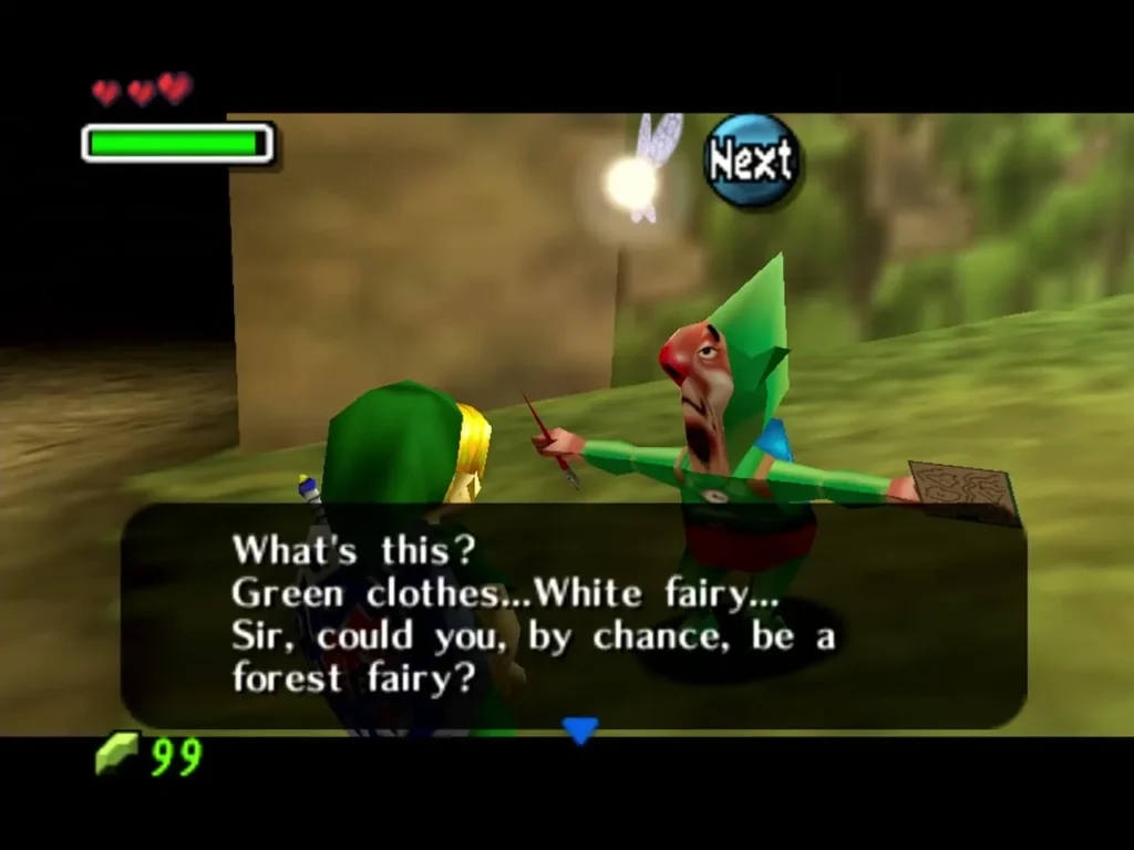 Tingle in green tights asks Link, in a box, whether he could be a forest fairy Tingle in green tights asks Link, in a box, whether he could be a forest fairy