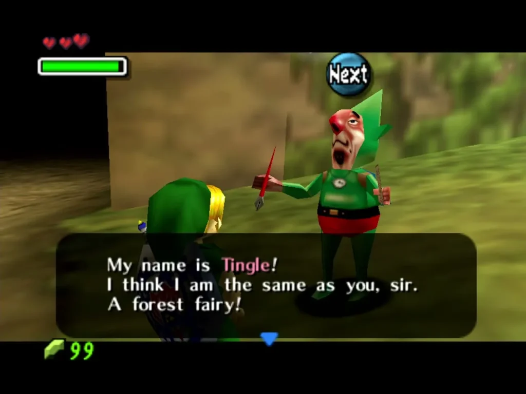 Tingle in green tights tells Link his name is Tingle and that he is the same as Link, a forest fairy Tingle in green tights tells Link his name is Tingle and that he is the same as Link, a forest fairy