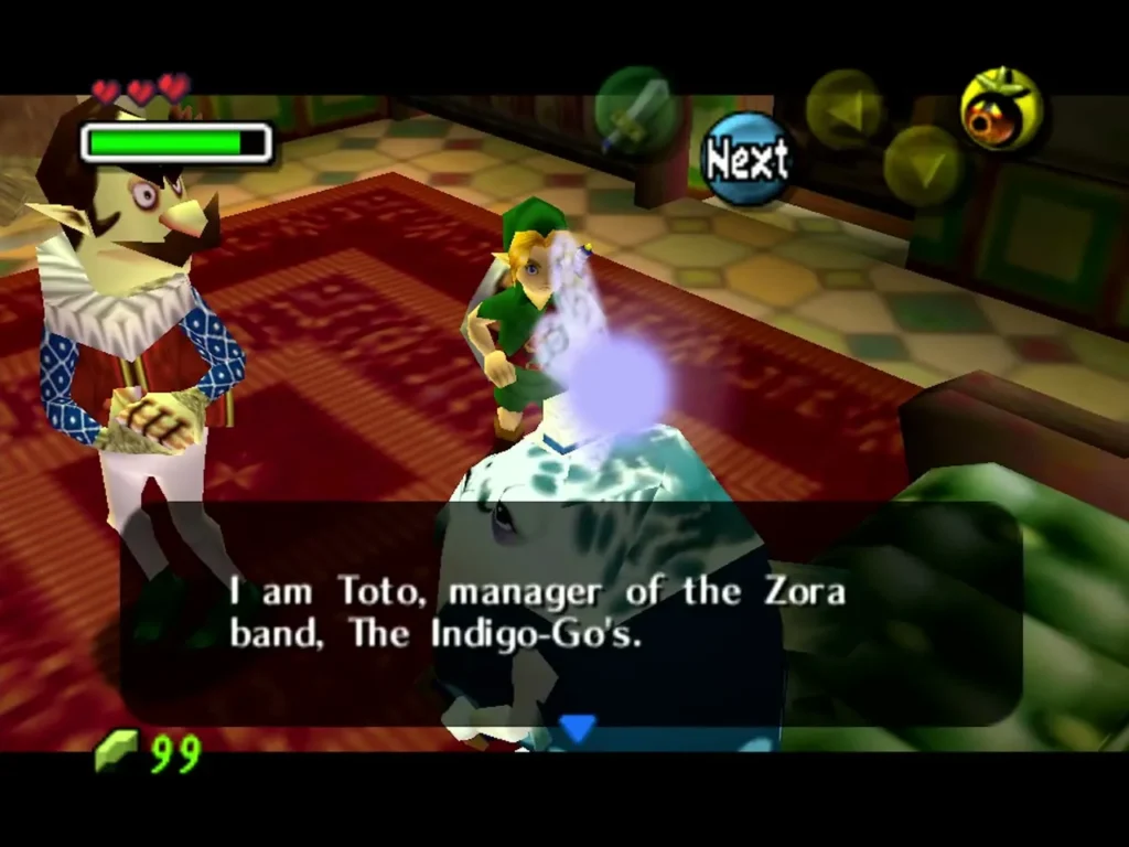 Toto, a Zora, in a dialogue box saying he manages the Zora band The Indigo-Go's Toto, a Zora, in a dialogue box saying he manages the Zora band The Indigo-Go's