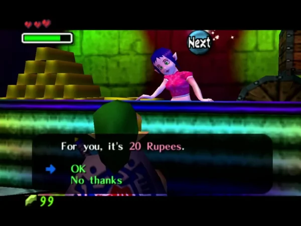 Treasure Chest Shop Gal at her counter offering the game for 20 Rupees, OK or No thanks Treasure Chest Shop Gal at her counter offering the game for 20 Rupees, OK or No thanks
