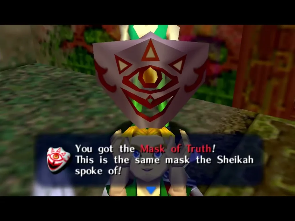 Link holding up the Mask of Truth under a box saying it is the same mask the Sheikah spoke of Link holding up the Mask of Truth under a box saying it is the same mask the Sheikah spoke of