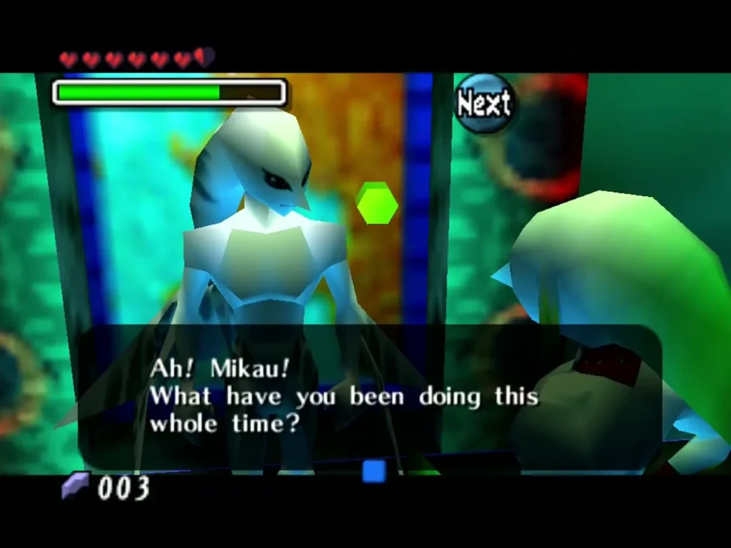 A Zora at the colorful doorway of a Zora Hall room asks Link, mistaken for Mikau, what he has been doing A Zora at the colorful doorway of a Zora Hall room asks Link, mistaken for Mikau, what he has been doing