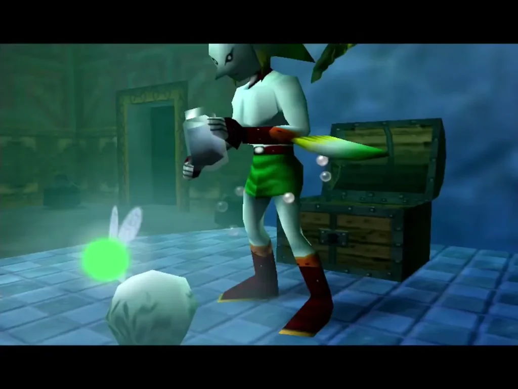 Zora Link holds an empty bottle beside a chest, ready to carry an egg Zora Link holds an empty bottle beside a chest, ready to carry an egg