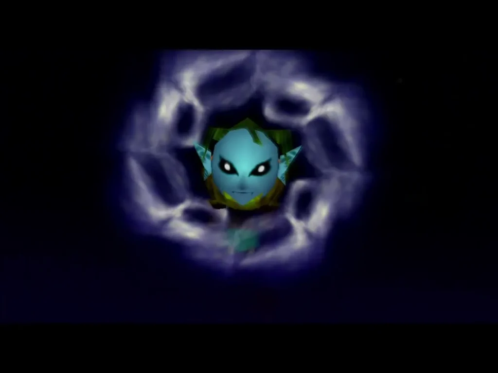 A blue Zora face glowing inside a ring of light as the Zora Mask transformation begins A blue Zora face glowing inside a ring of light as the Zora Mask transformation begins