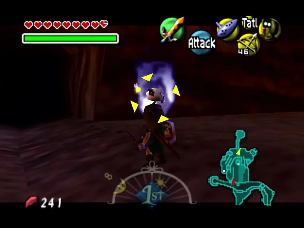 Link faces a targeted Blue Bubble, a skull wrapped in blue flame, on the red-lit Ikana road Link faces a targeted Blue Bubble, a skull wrapped in blue flame, on the red-lit Ikana road