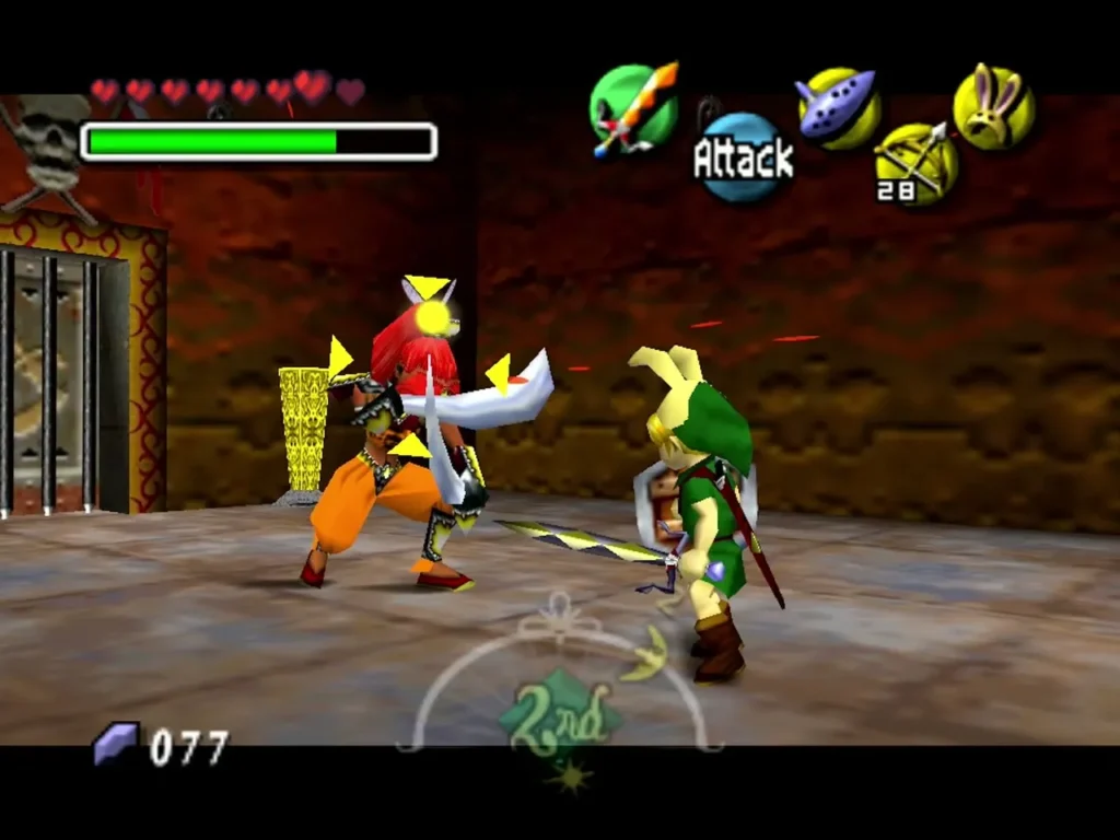 Bunny Hood Link trades sword blows with a red-haired pirate in a dark fortress room Bunny Hood Link trades sword blows with a red-haired pirate in a dark fortress room