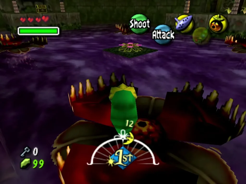 Deku Link riding a red lily pad toward a Deku Flower platform across the poisoned water Deku Link riding a red lily pad toward a Deku Flower platform across the poisoned water
